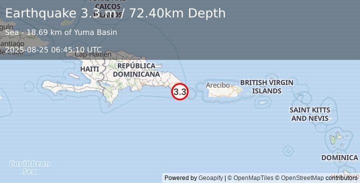 Earthquake MONA PASSAGE, DOMINICAN REPUBLIC (3.3 m) (2025-08-25 06:45:10 UTC)