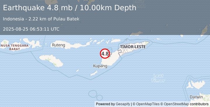Earthquake TIMOR REGION, INDONESIA (4.8 mb) (2025-08-25 06:53:11 UTC)