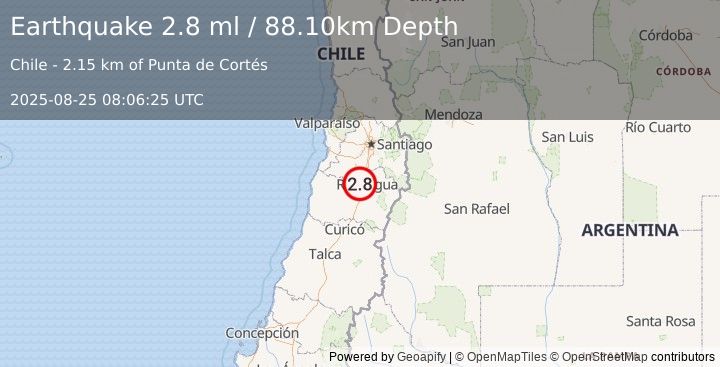 Earthquake LIBERTADOR O'HIGGINS, CHILE (2.8 ml) (2025-08-25 08:06:25 UTC)