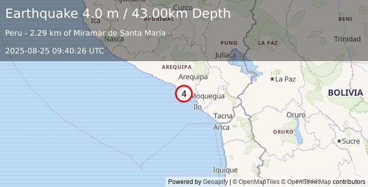 Earthquake NEAR COAST OF SOUTHERN PERU (4.0 m) (2025-08-25 09:40:26 UTC)