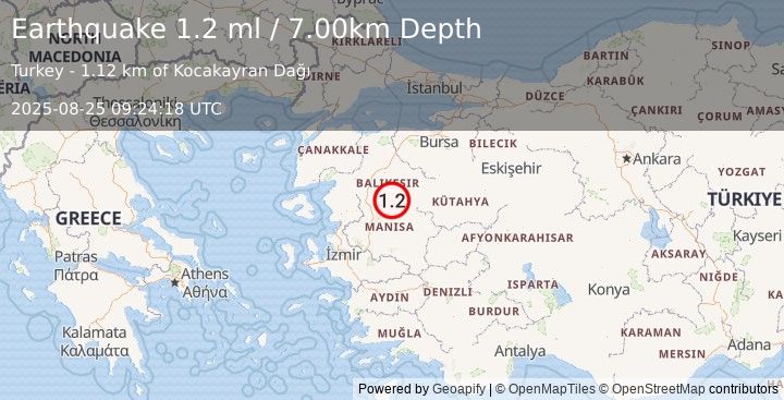 Earthquake WESTERN TURKEY (1.1 ml) (2025-08-25 09:24:59 UTC)