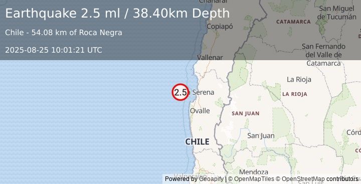 Earthquake OFFSHORE COQUIMBO, CHILE (2.5 ml) (2025-08-25 10:01:21 UTC)