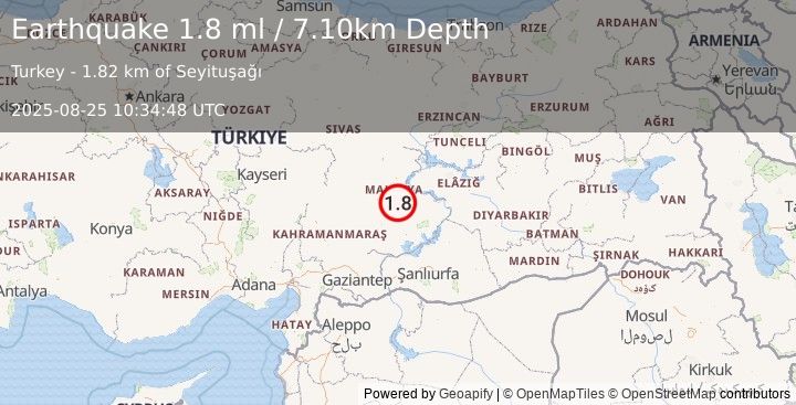 Earthquake EASTERN TURKEY (1.8 ml) (2025-08-25 10:34:48 UTC)