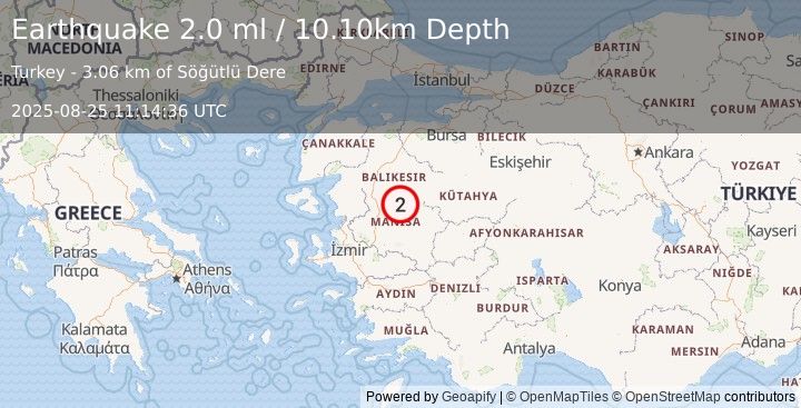 Earthquake WESTERN TURKEY (2.0 ml) (2025-08-25 11:14:36 UTC)