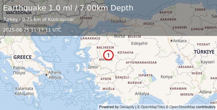Earthquake WESTERN TURKEY (1.0 ml) (2025-08-25 11:17:11 UTC)