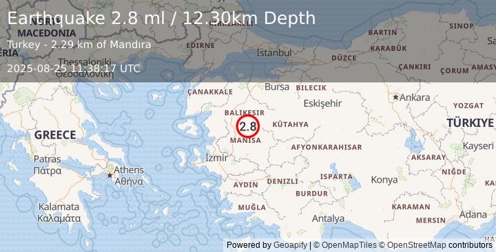 Earthquake WESTERN TURKEY (2.6 ml) (2025-08-25 11:38:16 UTC)
