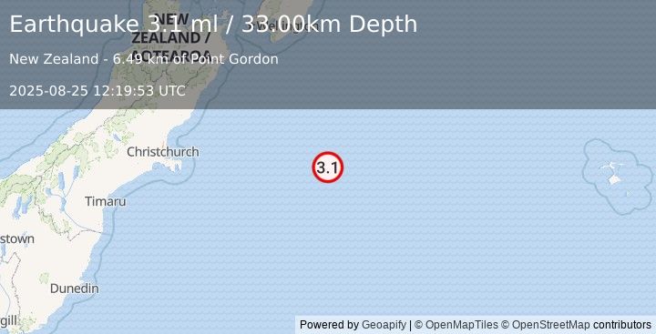 Earthquake OFF E. COAST OF S. ISLAND, N.Z. (3.1 ml) (2025-08-25 12:19:53 UTC)