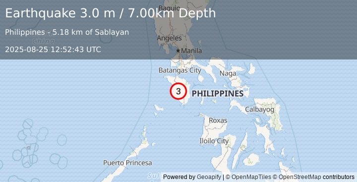 Earthquake MINDORO, PHILIPPINES (3.0 m) (2025-08-25 12:52:43 UTC)