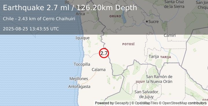 Earthquake ANTOFAGASTA, CHILE (2.7 ml) (2025-08-25 13:43:55 UTC)