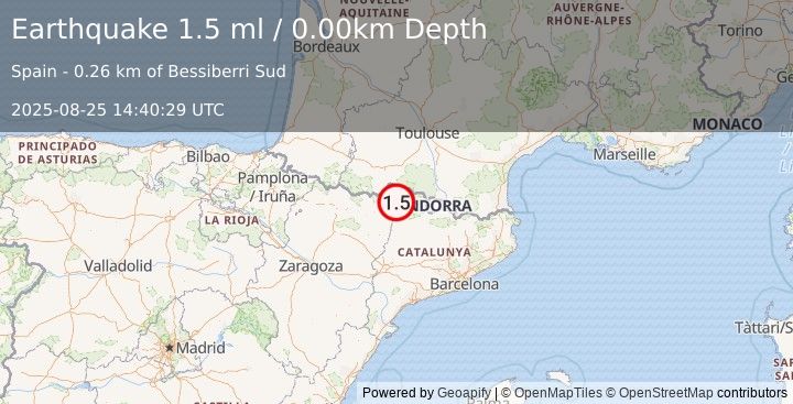 Earthquake PYRENEES (1.5 ml) (2025-08-25 14:40:29 UTC)