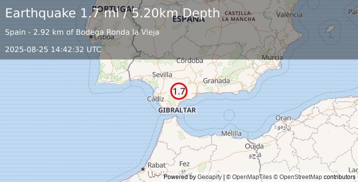 Earthquake STRAIT OF GIBRALTAR (1.7 ml) (2025-08-25 14:42:32 UTC)