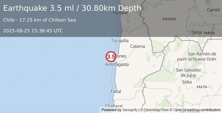 Earthquake OFFSHORE ANTOFAGASTA, CHILE (3.5 ml) (2025-08-25 15:38:45 UTC)