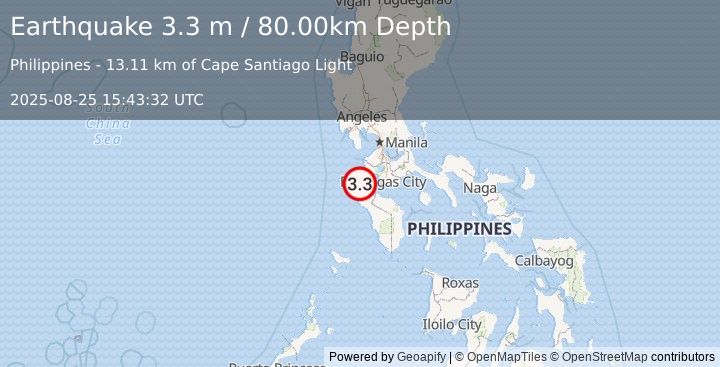 Earthquake MINDORO, PHILIPPINES (3.3 m) (2025-08-25 15:43:32 UTC)