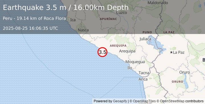 Earthquake NEAR COAST OF SOUTHERN PERU (3.5 m) (2025-08-25 16:06:35 UTC)