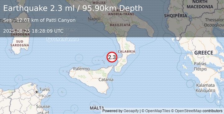 Earthquake SICILY, ITALY (2.3 ml) (2025-08-25 18:28:09 UTC)