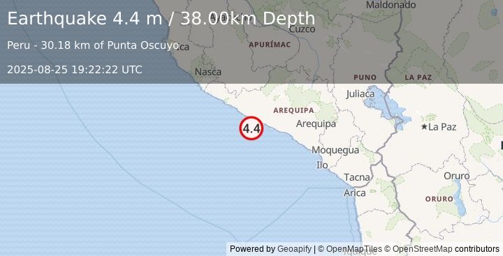 Earthquake NEAR COAST OF SOUTHERN PERU (4.4 m) (2025-08-25 19:22:22 UTC)