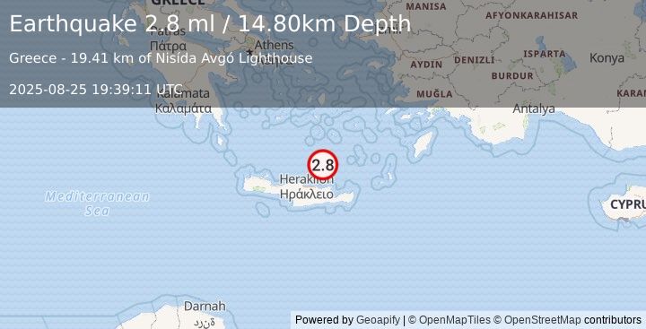 Earthquake CRETE, GREECE (2.8 ml) (2025-08-25 19:39:11 UTC)