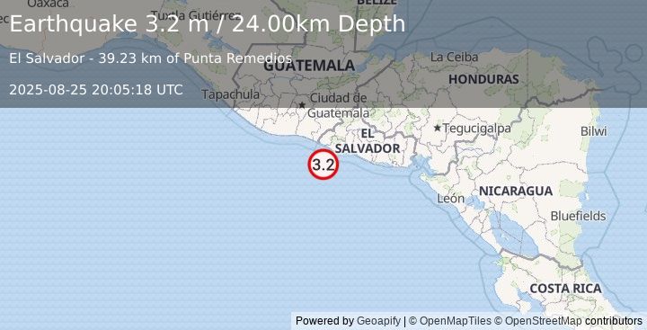 Earthquake OFFSHORE EL SALVADOR (3.2 m) (2025-08-25 20:05:18 UTC)