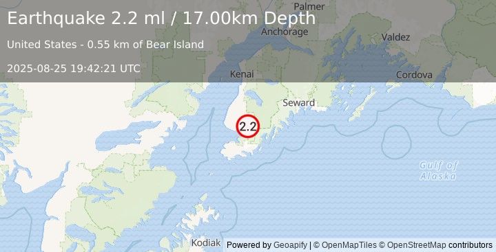 Earthquake KENAI PENINSULA, ALASKA (2.2 ml) (2025-08-25 19:42:21 UTC)
