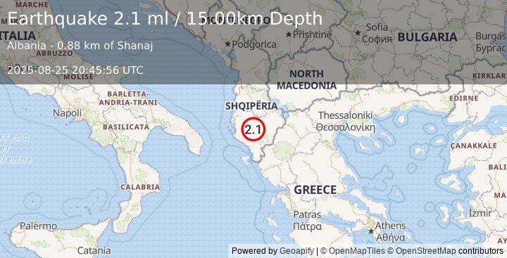 Earthquake ALBANIA (2.1 ml) (2025-08-25 20:45:56 UTC)