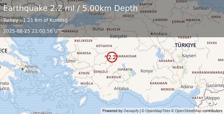 Earthquake WESTERN TURKEY (2.1 ml) (2025-08-25 21:00:58 UTC)