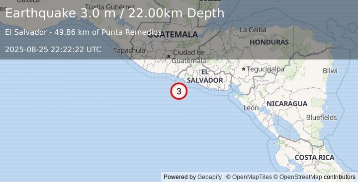 Earthquake OFFSHORE EL SALVADOR (3.0 m) (2025-08-25 22:22:22 UTC)