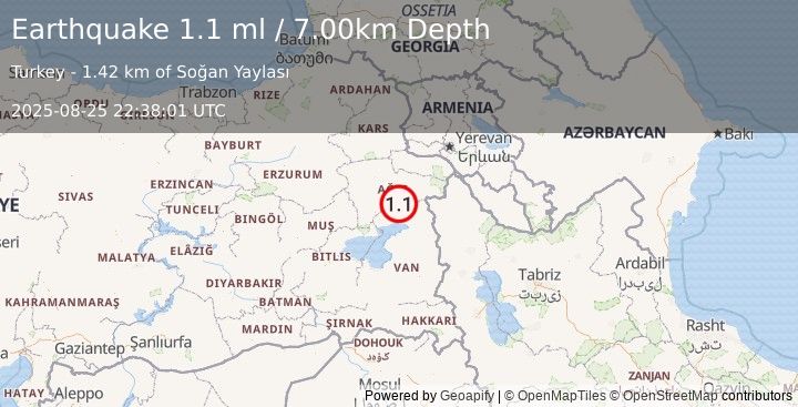 Earthquake EASTERN TURKEY (1.1 ml) (2025-08-25 22:38:01 UTC)