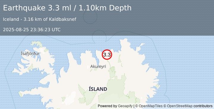 Earthquake ICELAND REGION (3.3 ml) (2025-08-25 23:36:23 UTC)
