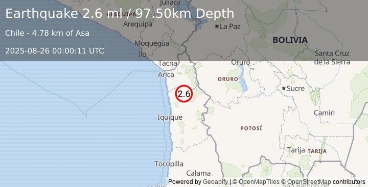 Earthquake TARAPACA, CHILE (2.6 ml) (2025-08-26 00:00:11 UTC)
