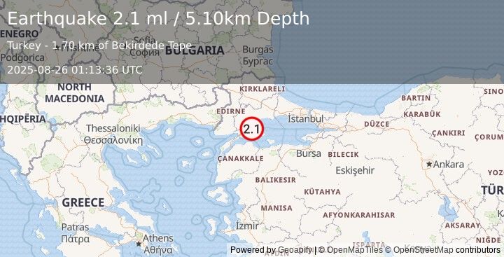 Earthquake WESTERN TURKEY (2.1 ml) (2025-08-26 01:13:36 UTC)