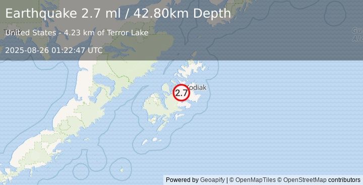 Earthquake KODIAK ISLAND REGION, ALASKA (2.7 ml) (2025-08-26 01:22:47 UTC)