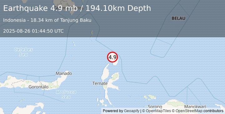Earthquake HALMAHERA, INDONESIA (4.9 mb) (2025-08-26 01:44:50 UTC)
