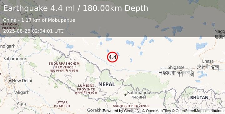 Earthquake WESTERN XIZANG (4.4 ml) (2025-08-26 02:04:01 UTC)