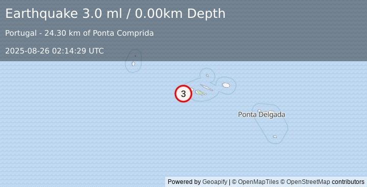 Earthquake AZORES ISLANDS, PORTUGAL (3.0 ml) (2025-08-26 02:14:29 UTC)