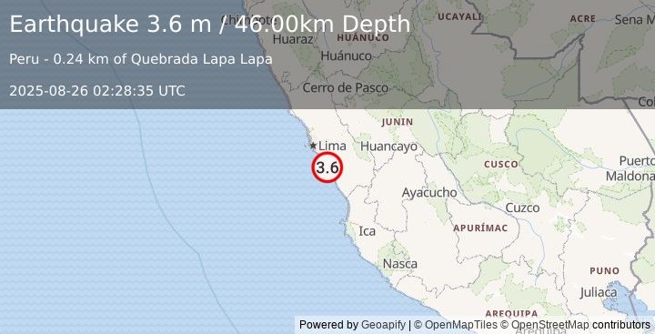 Earthquake NEAR COAST OF CENTRAL PERU (3.6 m) (2025-08-26 02:28:35 UTC)