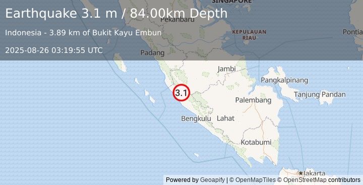 Earthquake SOUTHERN SUMATRA, INDONESIA (3.1 m) (2025-08-26 03:19:55 UTC)