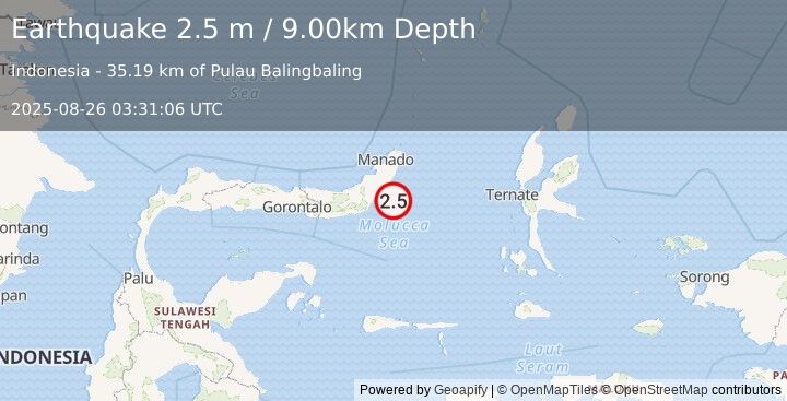 Earthquake MOLUCCA SEA (2.5 m) (2025-08-26 03:31:06 UTC)