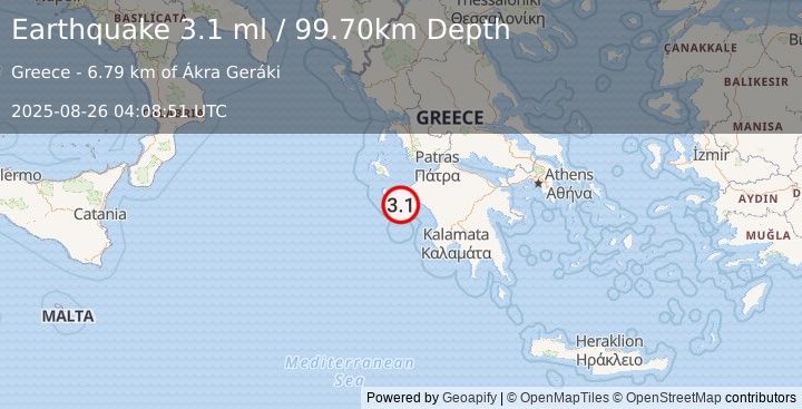 Earthquake SOUTHERN GREECE (3.1 ml) (2025-08-26 04:08:51 UTC)