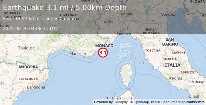 Earthquake NEAR SOUTH COAST OF FRANCE (3.1 ml) (2025-08-26 04:08:31 UTC)