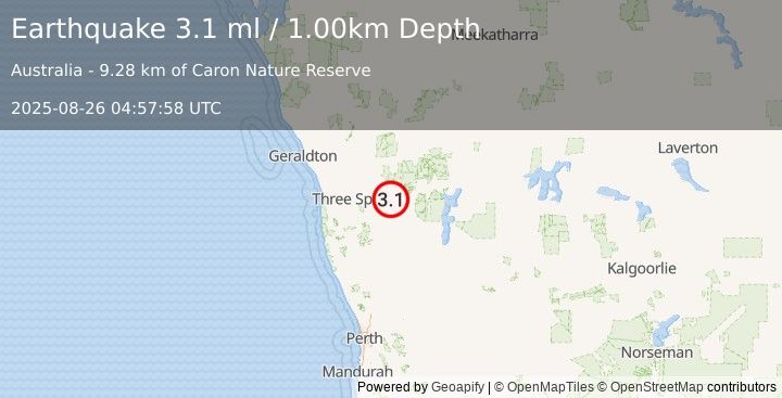 Earthquake WESTERN AUSTRALIA (3.1 ml) (2025-08-26 04:57:58 UTC)