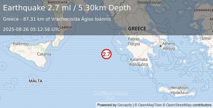 Earthquake IONIAN SEA (2.7 ml) (2025-08-26 05:12:56 UTC)