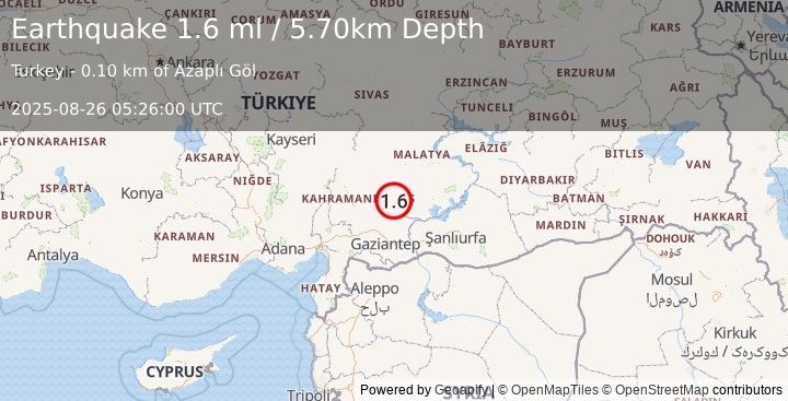 Earthquake CENTRAL TURKEY (1.6 ml) (2025-08-26 05:26:00 UTC)