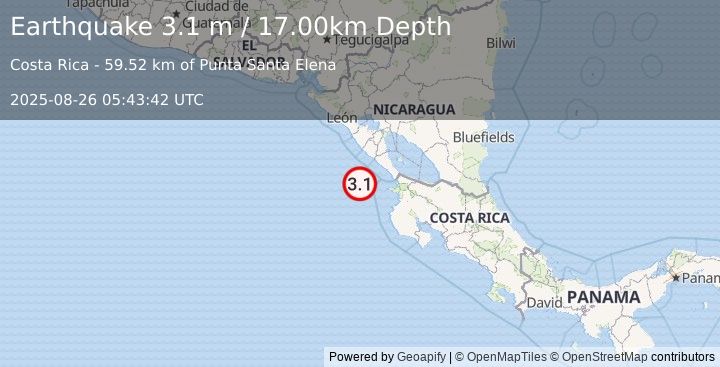 Earthquake NEAR COAST OF NICARAGUA (3.1 m) (2025-08-26 05:43:42 UTC)