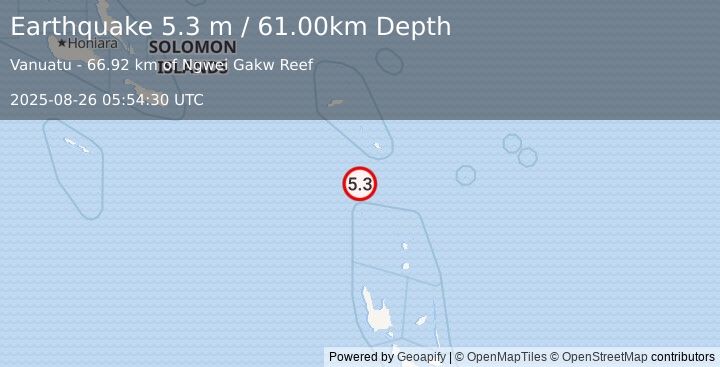 Earthquake SANTA CRUZ ISLANDS (4.9 mb) (2025-08-26 05:54:31 UTC)