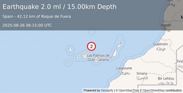 Earthquake CANARY ISLANDS, SPAIN REGION (2.0 ml) (2025-08-26 06:15:00 UTC)