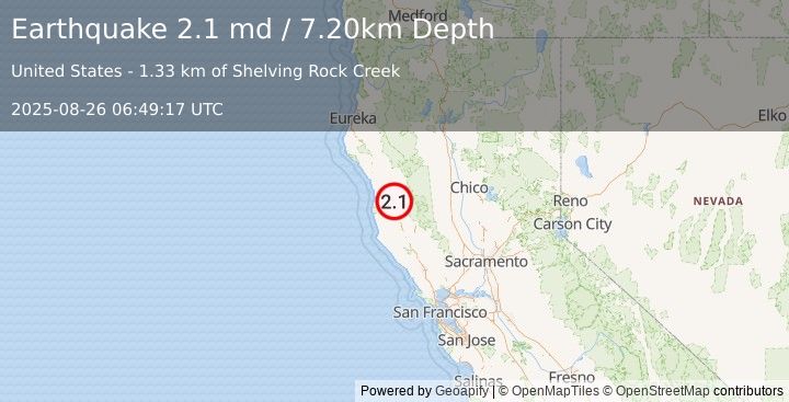 Earthquake NORTHERN CALIFORNIA (2.1 md) (2025-08-26 06:49:17 UTC)