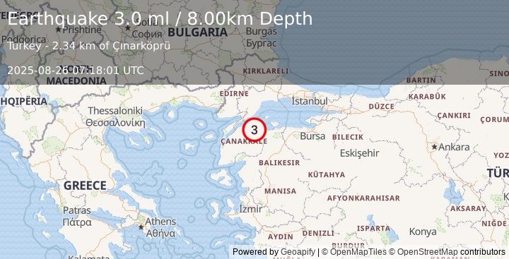 Earthquake WESTERN TURKEY (3.0 ml) (2025-08-26 07:18:01 UTC)