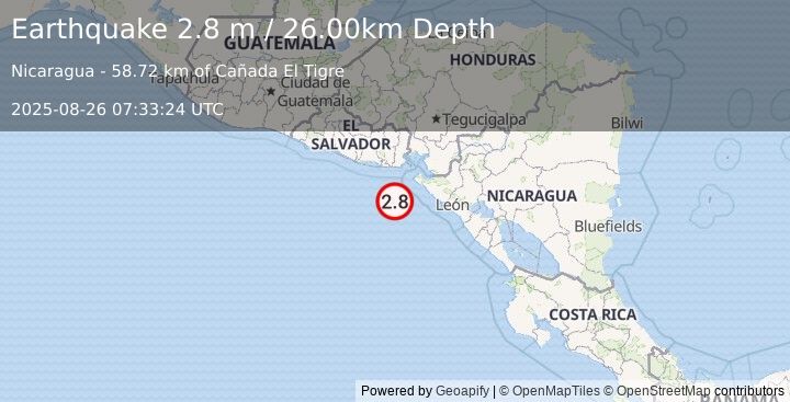 Earthquake NEAR COAST OF NICARAGUA (2.9 m) (2025-08-26 07:33:25 UTC)
