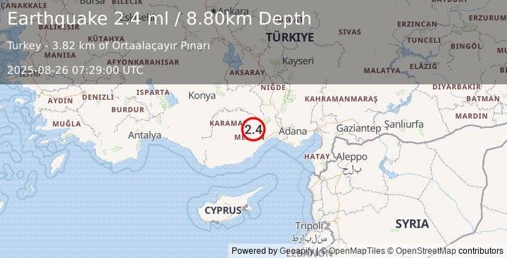 Earthquake CENTRAL TURKEY (2.4 ml) (2025-08-26 07:29:00 UTC)