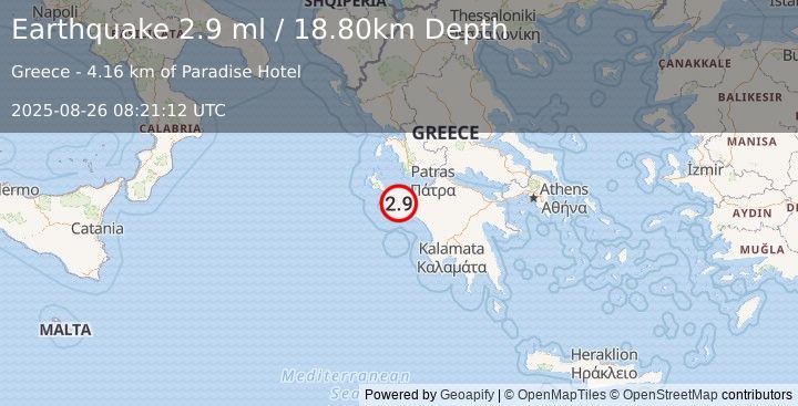 Earthquake SOUTHERN GREECE (2.9 ml) (2025-08-26 08:21:12 UTC)